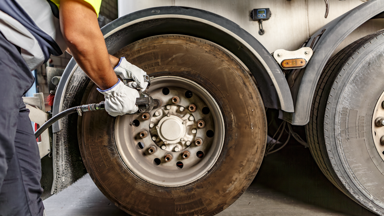 A technician using a pneumatic wrench on a commercial truck's dual rear wheels in a shop bay